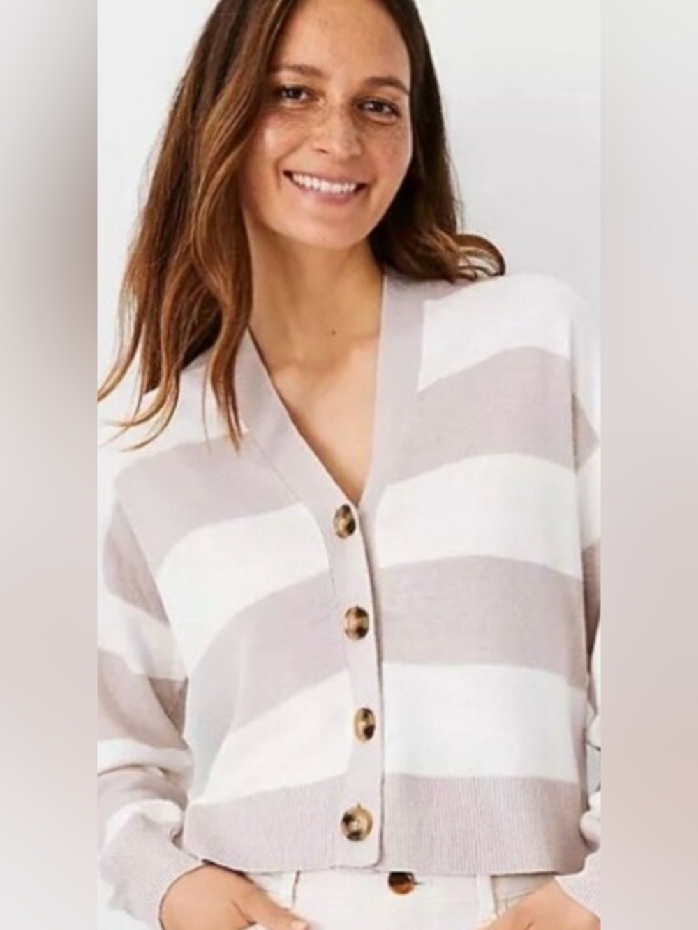 Ann Taylor Linen Blend Striped Cardigan M Ivory Taupe Button Front